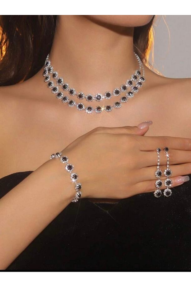 Gümüş Kaplama Kolye, Küpe Ve Bileklik Seti 3'lü Set Davet Düğün Nişan Abiye - 1