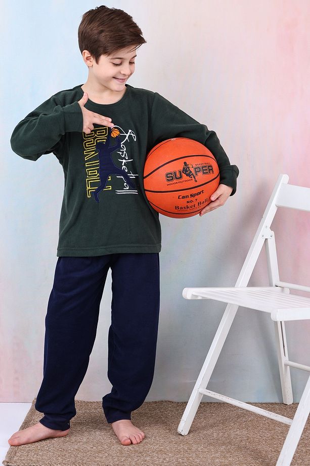Bisiklet Yakalı, Basketbol Aplike Nakışlı, Yumuşacık, Sıcak Tutan, Kışlık Çocuk Polar Pijama Takımı - 1