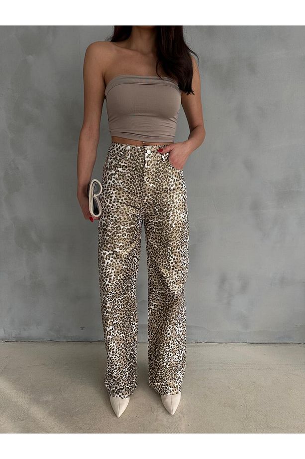 ZEO BASİC GOLD LEOPAR DESENLİ  VARAK BASKILI GENİŞ PAÇA PANTOLON - 7