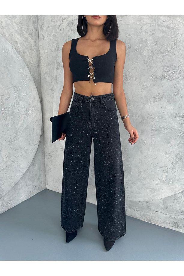TAŞ DETAYLI BAGGY JEAN PANTOLON - 6