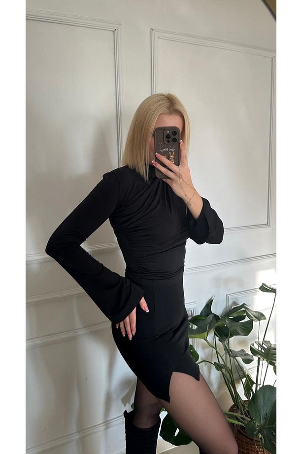 Holly Ispanyol Kol Ön Drapeli Dik Yaka Esnek Siyah Bluz - 4