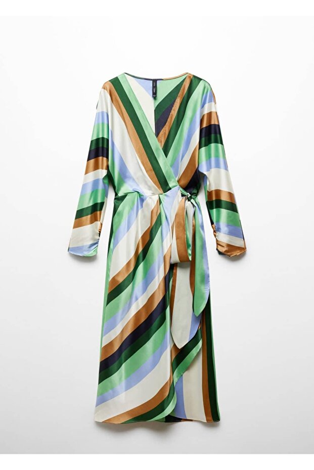 Çizgili Saten Elbise - 3