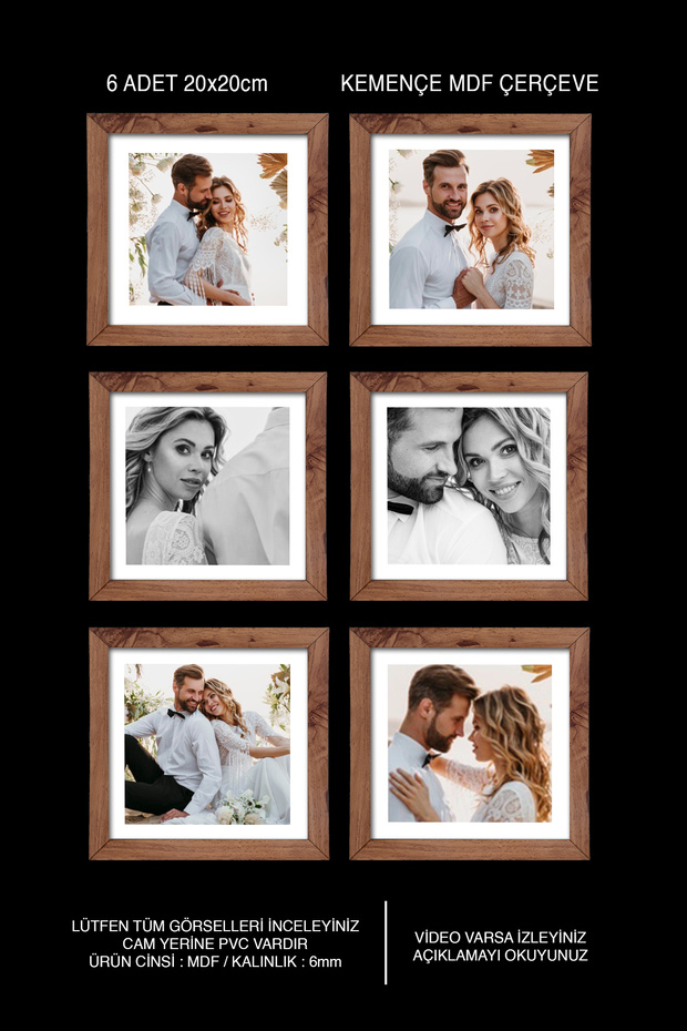 6 قطع إطار 20x20 - إطار Kemençe - إطار مربع MDF - مجموعة إطارات صور متعددة