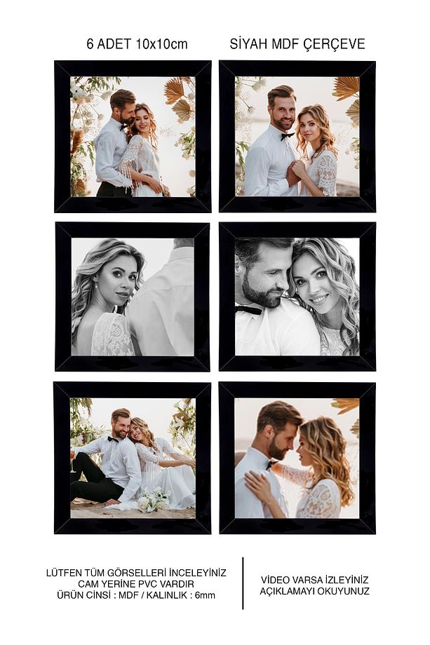 6 Adet 10x10 Çerçeve - Siyah Çerçeve - Mdf Kare Çerçeve - Çoklu Foto Çerçeve Seti - 1