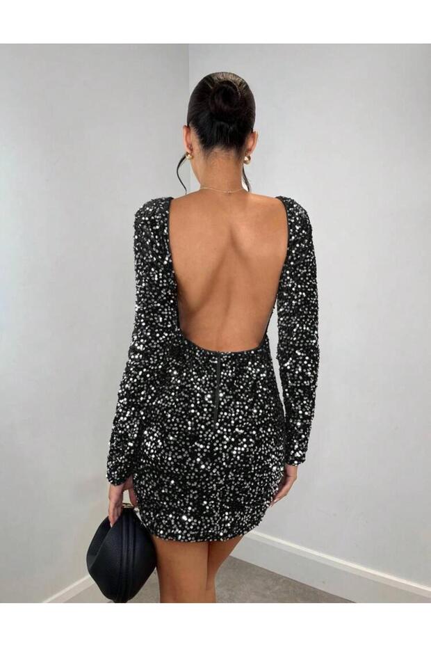 Sırt Dekolteli Uzun Kol Mini Payet Elbise - 1