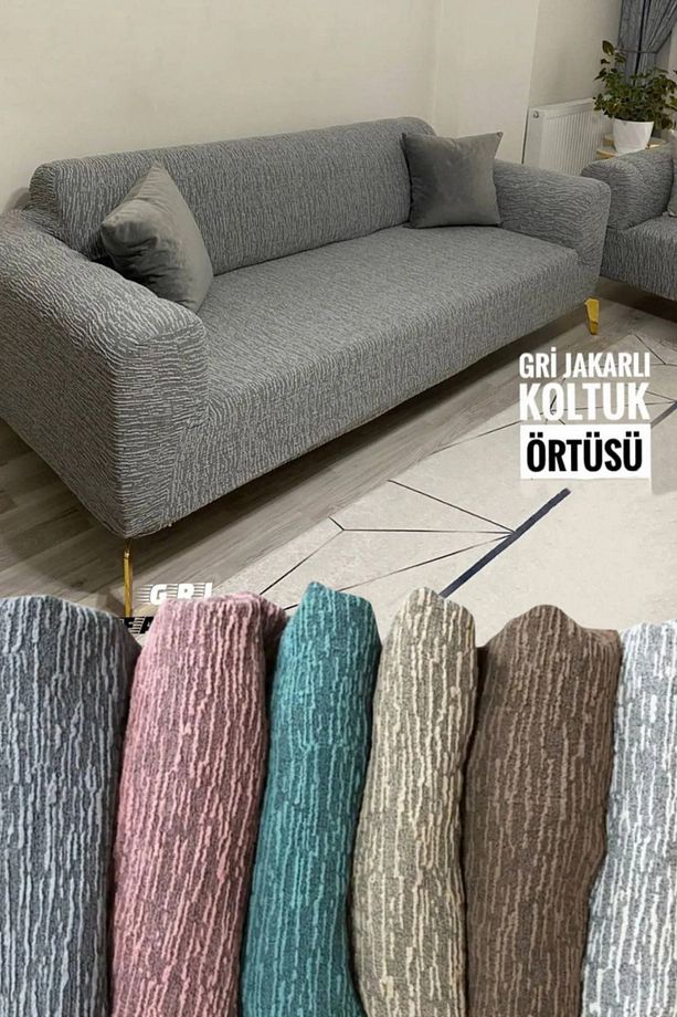 Jakarlı Koltuk Örtüsü Lastikli Kayma Yapmayan 3 Kişilik Çekyat Kanepe Kılıfı 1 Adet - 2