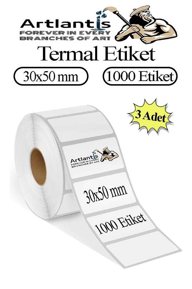 30X50 mm Barkod Etiketi Yapışkanlı 3 Adet Rulo Etiket Termal Barkot Terazi Etiketi 1000 li Barkod Ya - 1