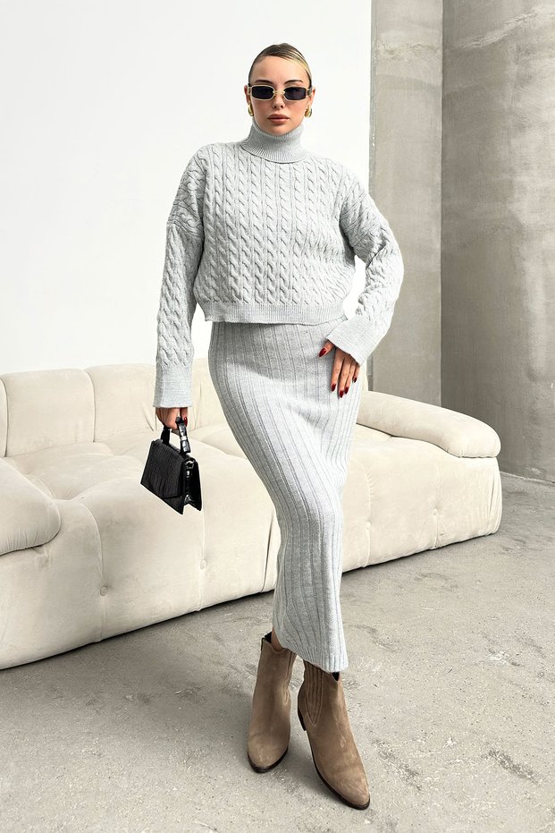 Women's Gray High-Neck Knitted Motif Crop Sweater and Knitwear Dress Set Bc231004