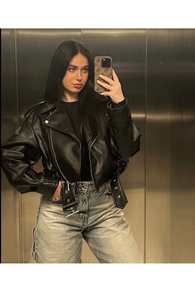 Oversize Black Belt Boyfriend Crop bőrkabát - 1