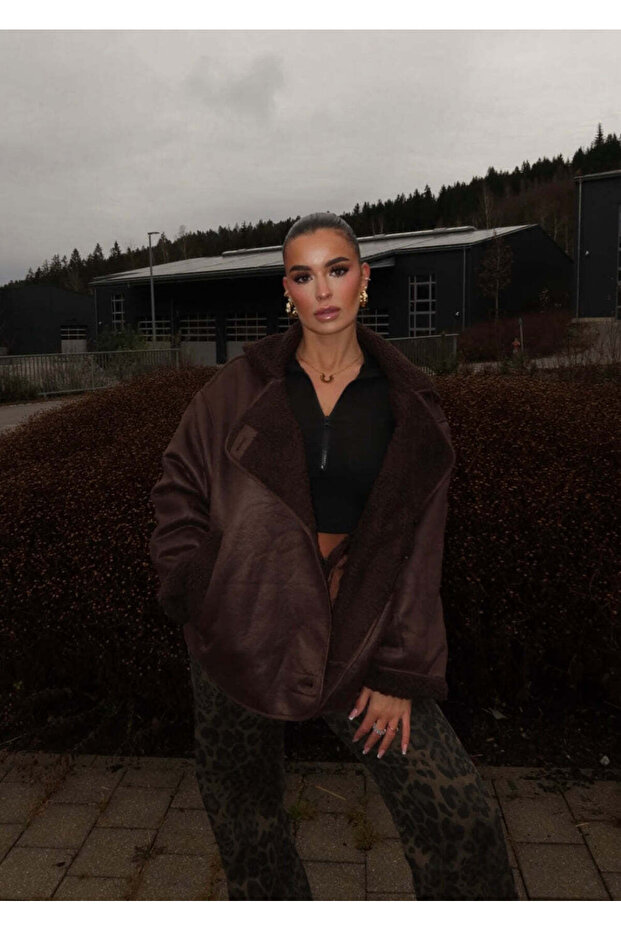 Bitter Brown Buttoned Plush Leather Coat