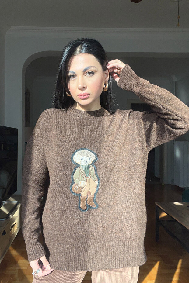 Brown Teddy Bear Embroidered Knitwear Sweater