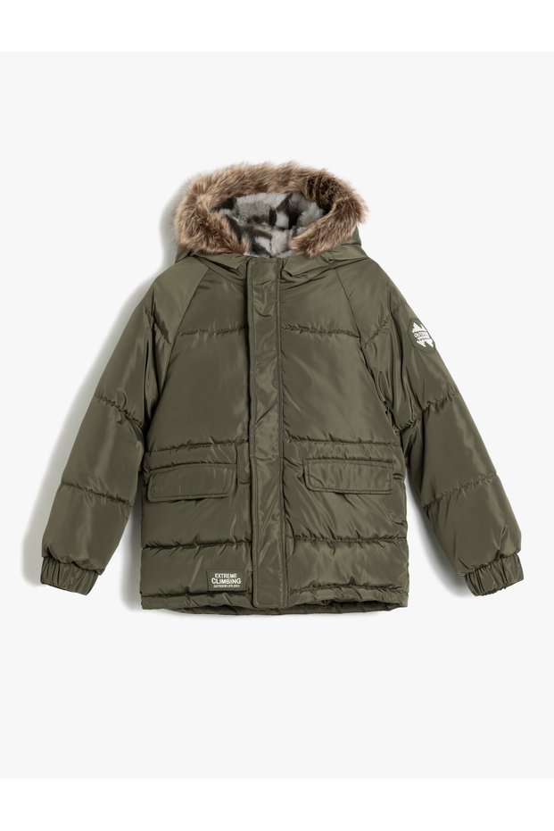 Inflatable Coat with Hood and Faux Fur Detail, Windproof