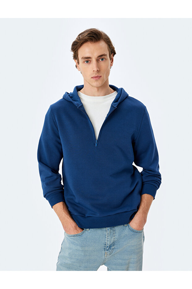 Hooded Cotton Blended Raster Basic Half Zipper Sweatshirt