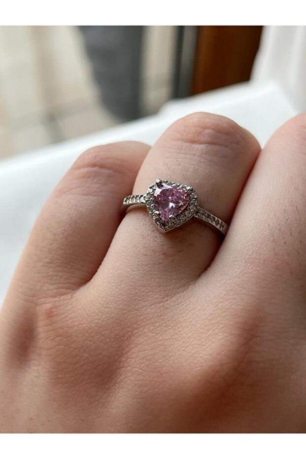 Silver Color Women's Ring with Heart Li Zircon Stone Adjustable