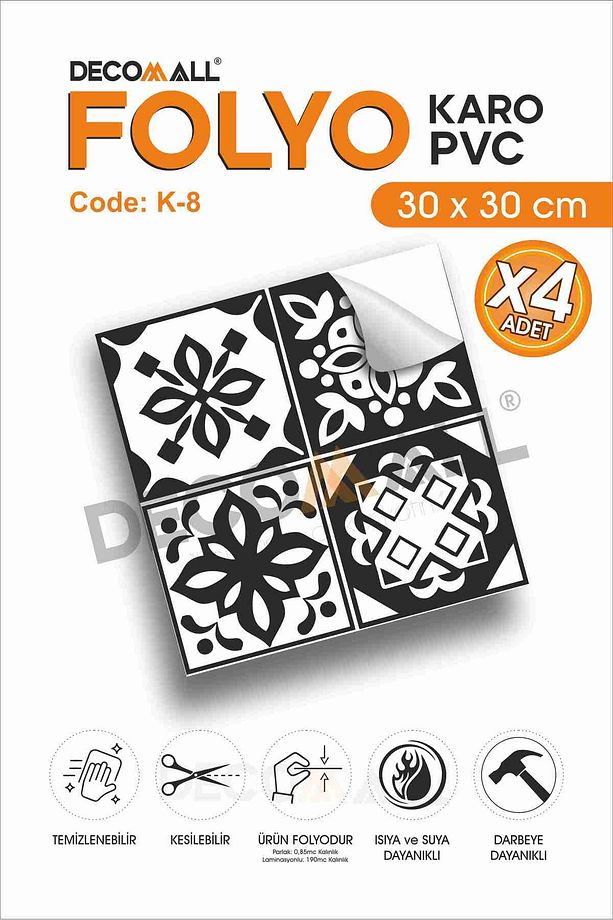 CodeK-8 Kendinden Yapışkanlı FOLYO KARO Suya Dayanıklı Mutfak Banyo Zemin Kaplama 30x30 Cm(4 ADET) - 1