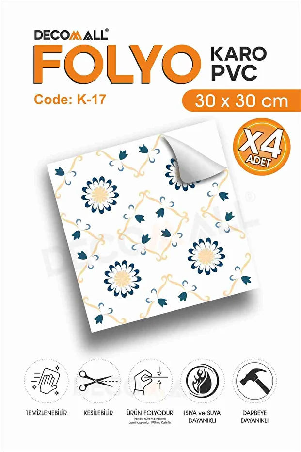 CodeK-17 Kendinden Yapışkanlı FOLYO KARO Suya Dayanıklı Mutfak Banyo Zemin Kaplama 30x30 Cm(4 ADET) - 1