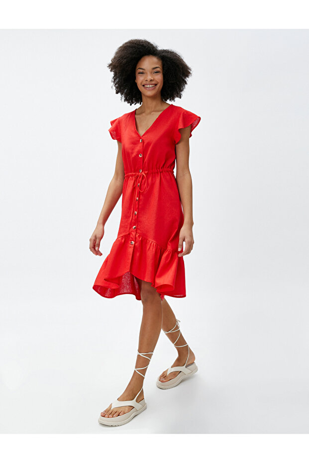 V-Neck Dress Linen Blend Ruffle Buttoned Waist Tied