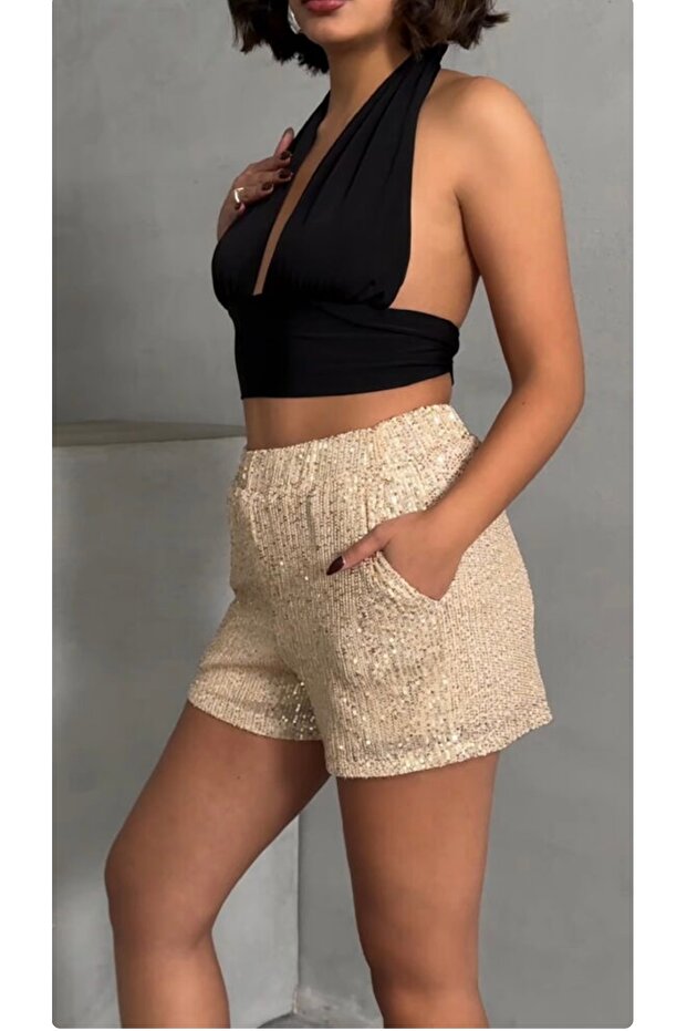 TAŞ RENGİ PULLU ABİYE ŞORT - 3