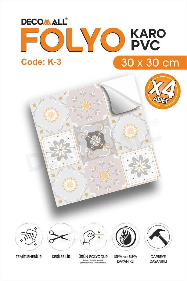 CodeK-3 Kendinden Yapışkanlı FOLYO KARO Suya Dayanıklı Mutfak Banyo Zemin Kaplama 30x30 Cm(4 ADET) - 1