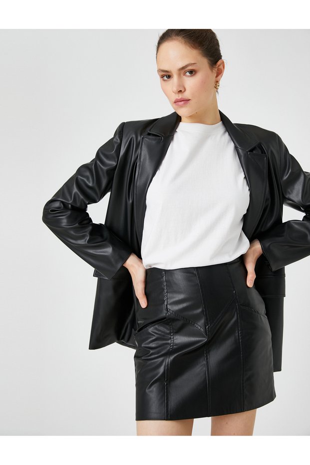 Faux Leather Mini Skirt with Stitching Detail