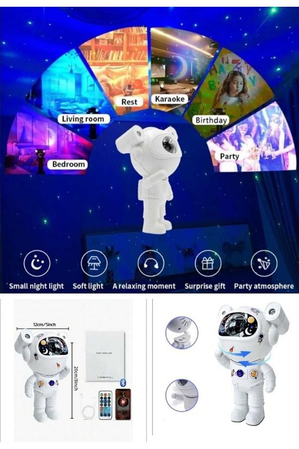 Yeni Nesil Bluetooth Hoparlörlü Astronot Yıldız Gezegen Projektörü Kumandalı Gece Lambası Büyük Boy - 3