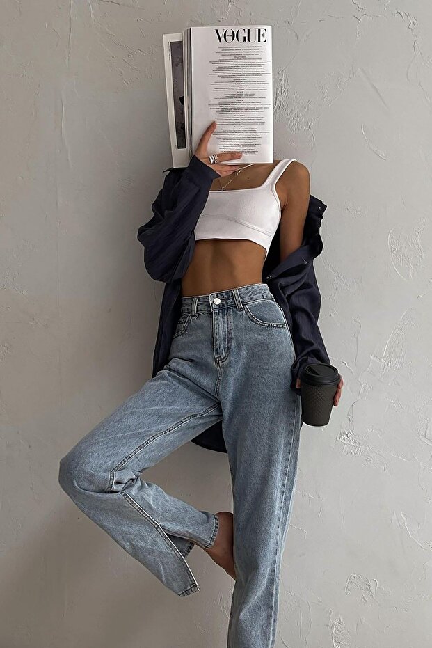 Niebieskie damskie dżinsy z wysokim stanem i rozcięciem MG1384 - 4