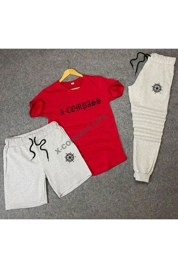 Ünisex Yazlık Şort T-shirt Eşofman Altı 3 lü Set Combin Takım - 1