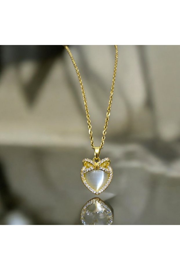 Zircon Stone Bow Heart 316L Tarnish Free Gold Steel Necklace