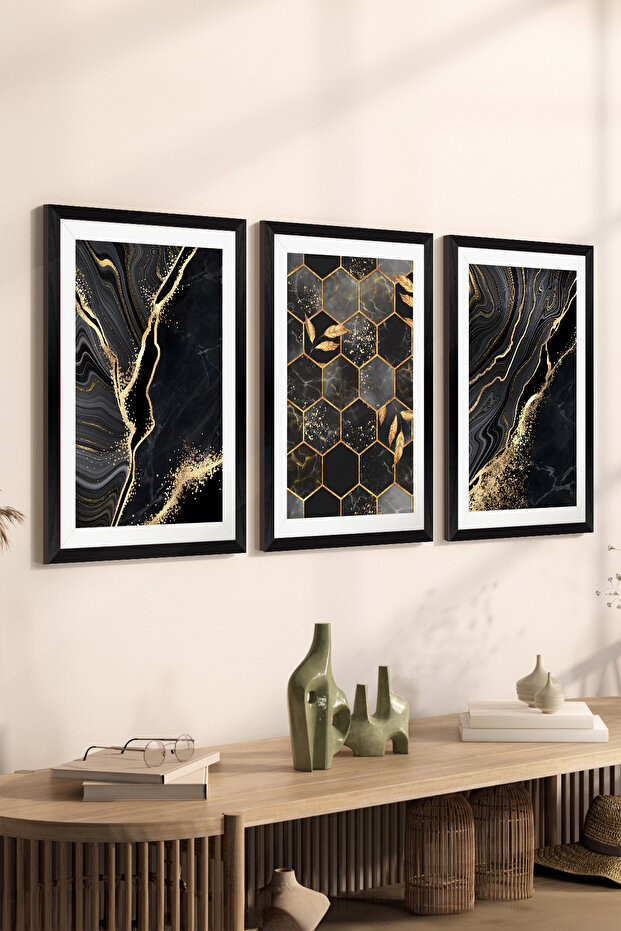 3 Pcs Black Frame Look Mdf Poster Table Set - Set 38
