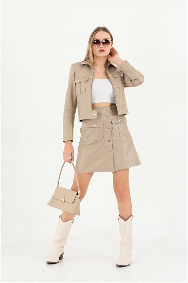 Women's Beige Leather Jacket-Skirt Bottom Top Set-Tenie