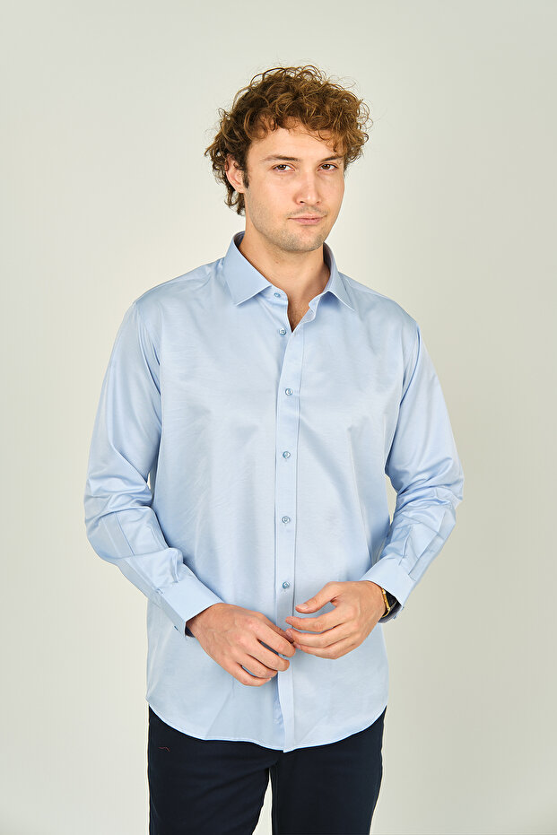 Men's Slim Fit Long Sleeve Cotton Shiny Fabric Shirt 0013 Light Blue