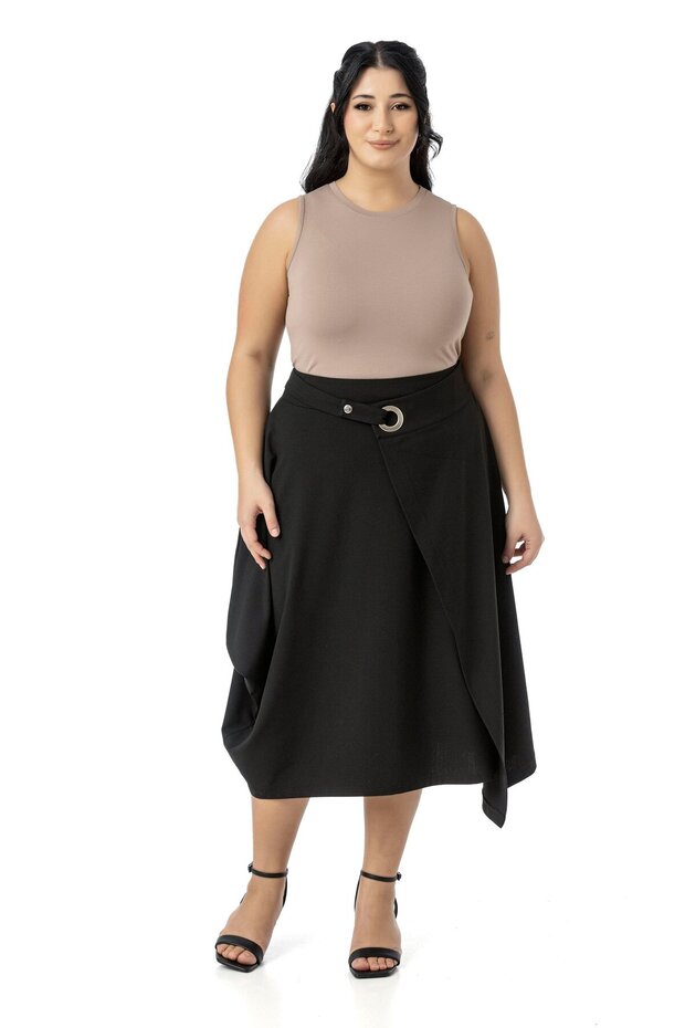 Plus Size Asymmetrical Cut Eyelets Detail Single Pocket Midi Black Skirt