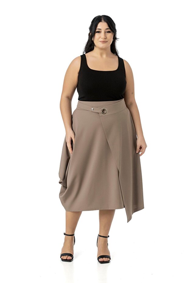 Plus Size Asymmetrical Cut Eyelets Detail Single Pocket Midi Mink Skirt