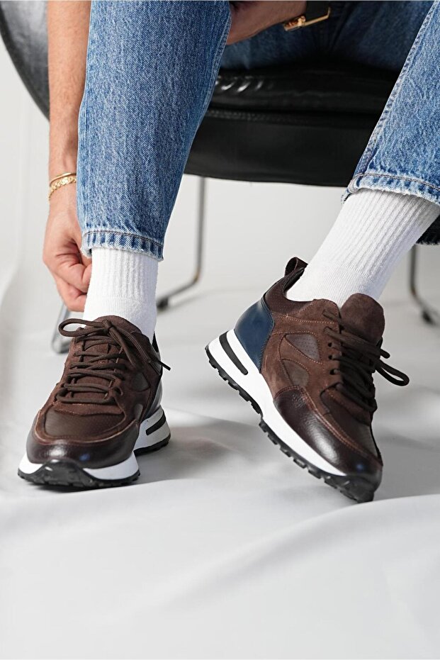 Vios Model Genuine Leather Handmade Brown Men's Sneakers