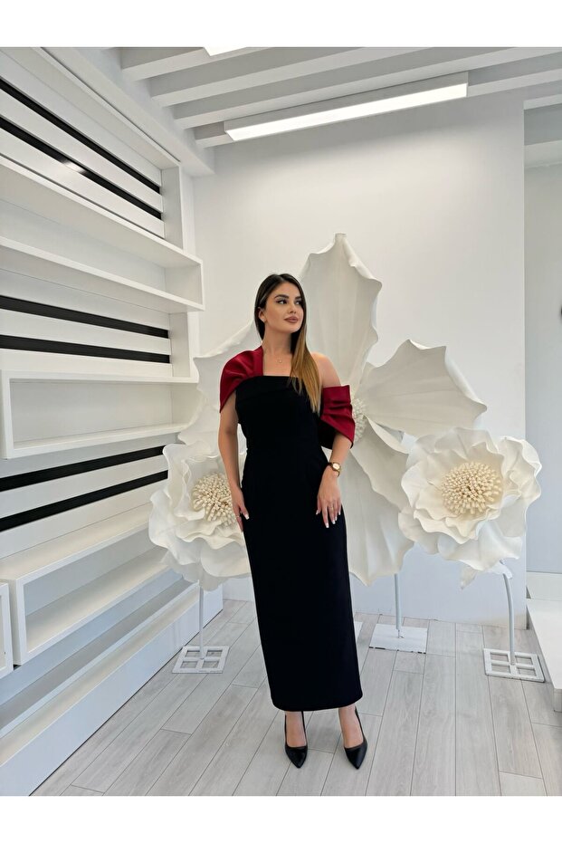 3128 KREP KUMAŞ ÜZERİ SATEN FİYONK ELBİSE - 1