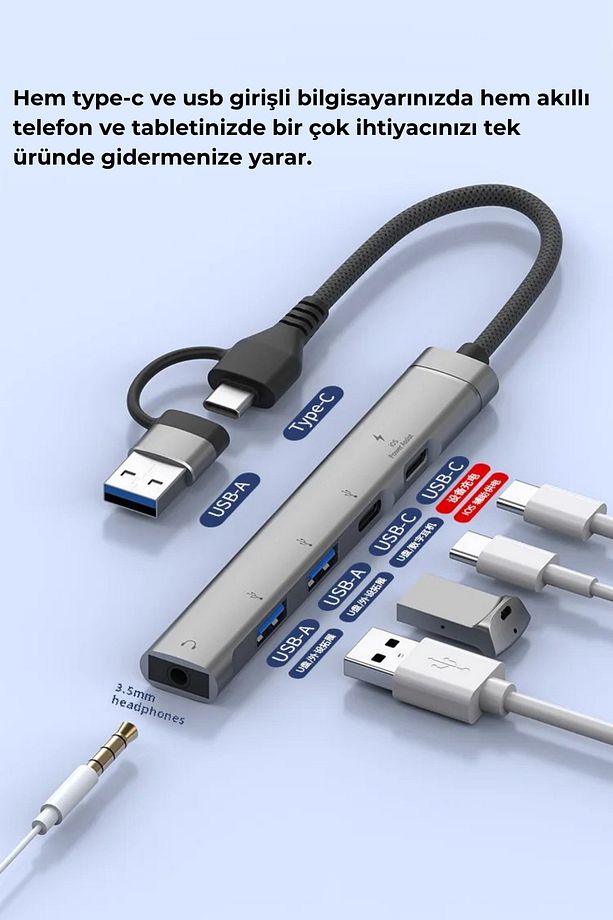 Type-c + Usb Çevirici 5in2 Hub 5 Port PD Typec/Usb/Aux Çoklayıcı Dönüştürücü - 2