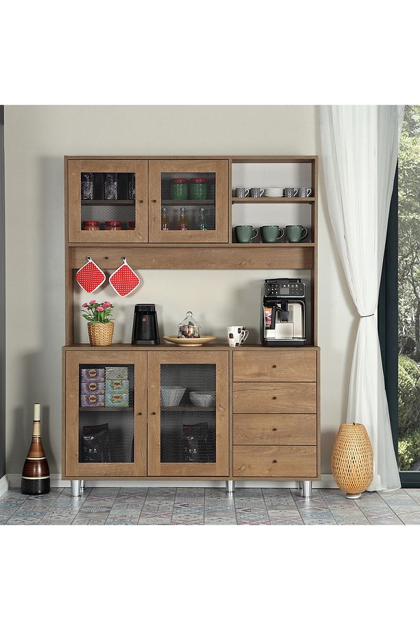 Grano Kahve Köşesi Çok Amaçlı Dolap, Kiler Dolabı, 140 cm , Meşe - 1