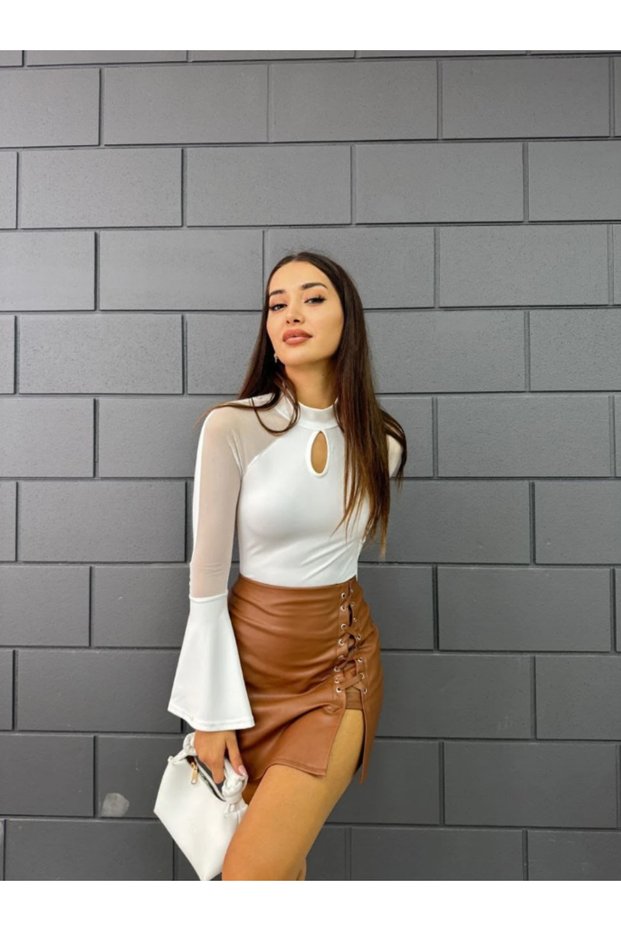 Women's White Spanish Sleeve Sheer Tulle Flounces Lycra Long Sleeve Stylish Crop Blouse