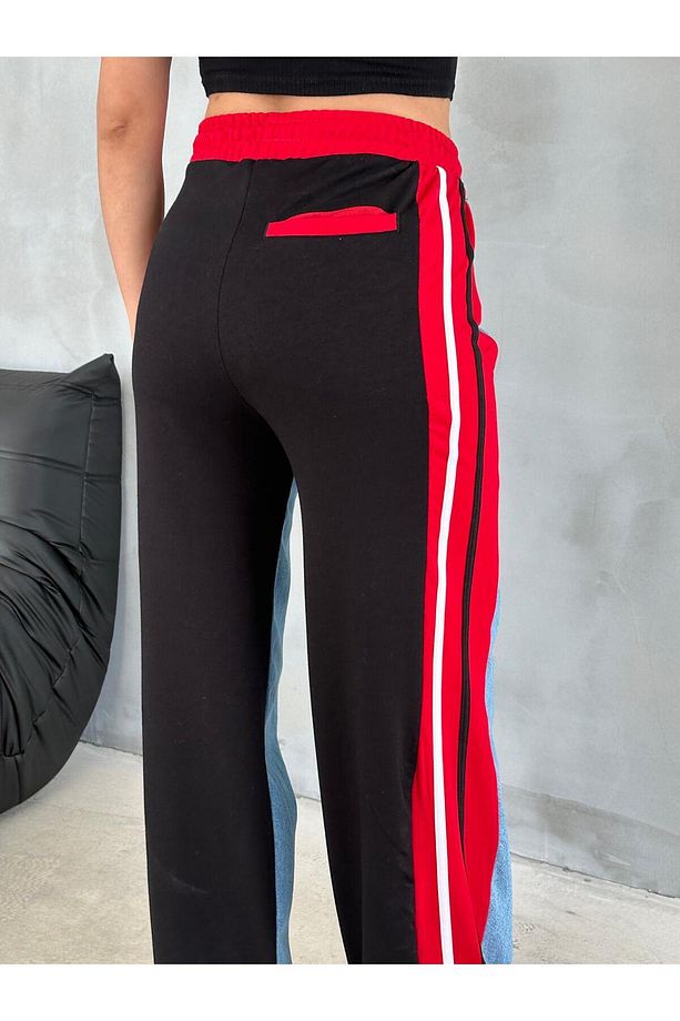 ÖNÜ MAVİ KOT ARKASI 3 İPLİK BAGGY PANTOLON YANLARDAN KIRMIZI ŞERİTLİ BELİ LASTİKLİ - 4