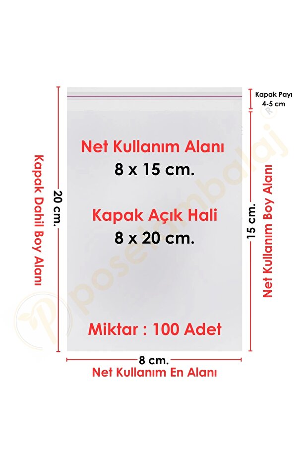 8x15+5 Cm. (8*20) 100 Adet - Şeffaf Bantlı Yapışkanlı Opp Jelatin Poşet - 1