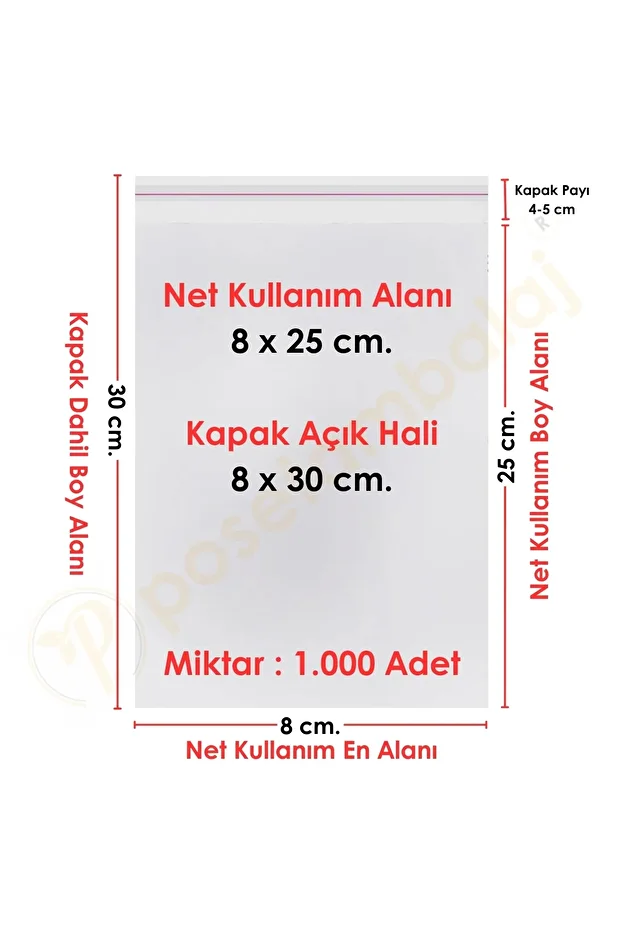 8x25+5 Cm. (8*30) 1.000 Adet Şeffaf Bantlı Yapışkanlı Jelatin Poşet - 1