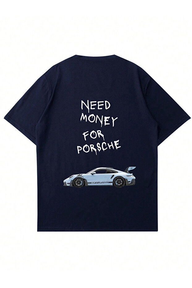 تيشيرت برقبة دائرية كبيرة الحجم مطبوع عليه Need Money 4 Porsche للجنسين