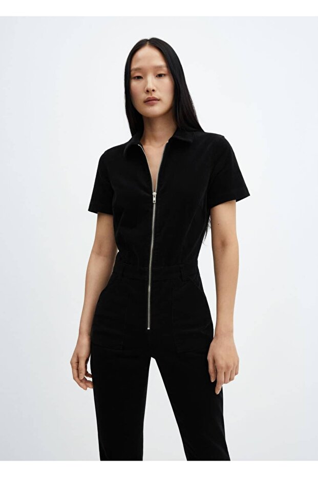 Fermuarlı fitilli kadife tulum - 1