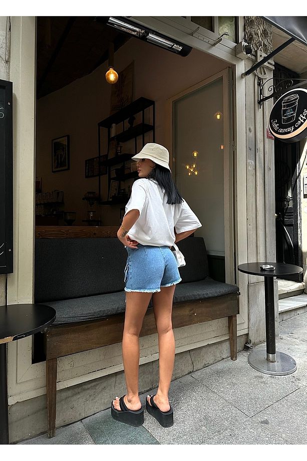 Kapaklı Tasarım Denim Şortlu Mini Şort Etek - 6