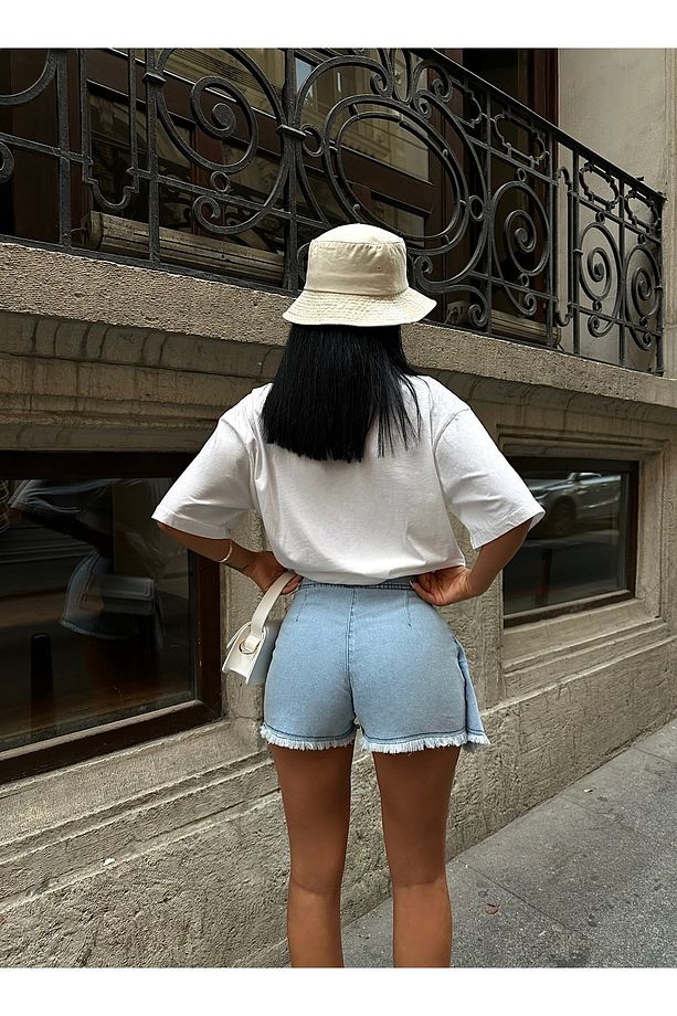 Kapaklı Tasarım Denim Şortlu Mini Şort Etek - 5