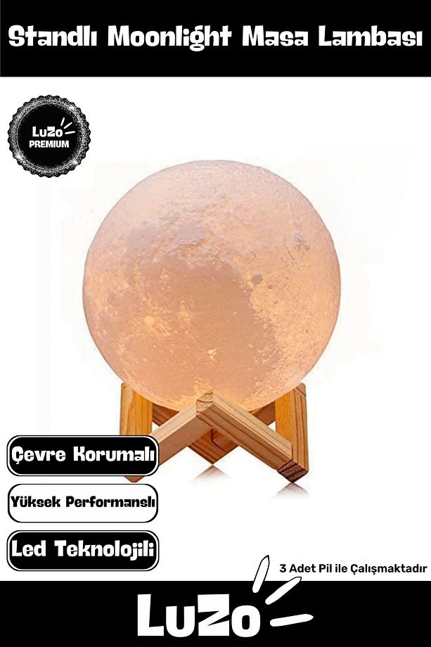 Premium Seri 3D Çevre Korumalı Standlı Dekoratif Yüksek Performanslı Küre Ay Led Gece Masa Lambası - 1
