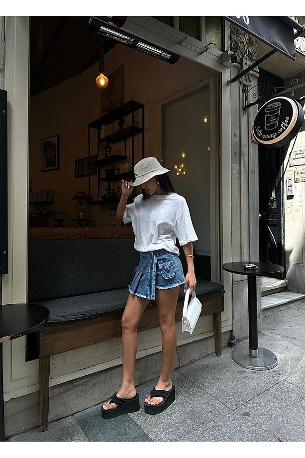 Kapaklı Tasarım Denim Şortlu Mini Şort Etek - 4
