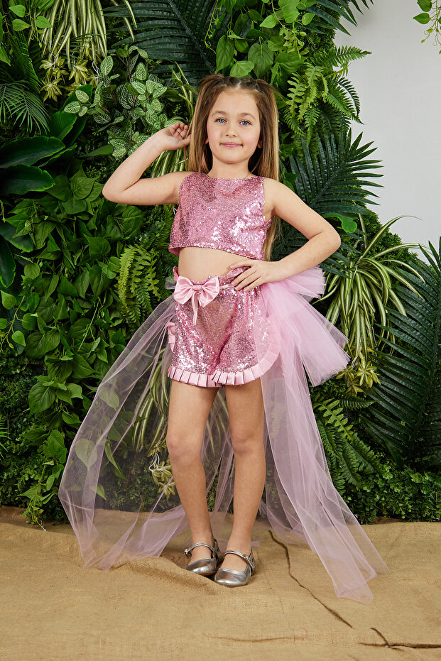 Pink Crop Shorts Cape 3 Pcs Set Girls Evening Dresses