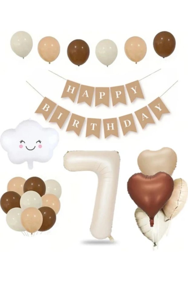 Retro Birthday Set for 7 Years Old Cream Numeral Foil Banner Cloud Foil Balloon Balloon Tape Gift