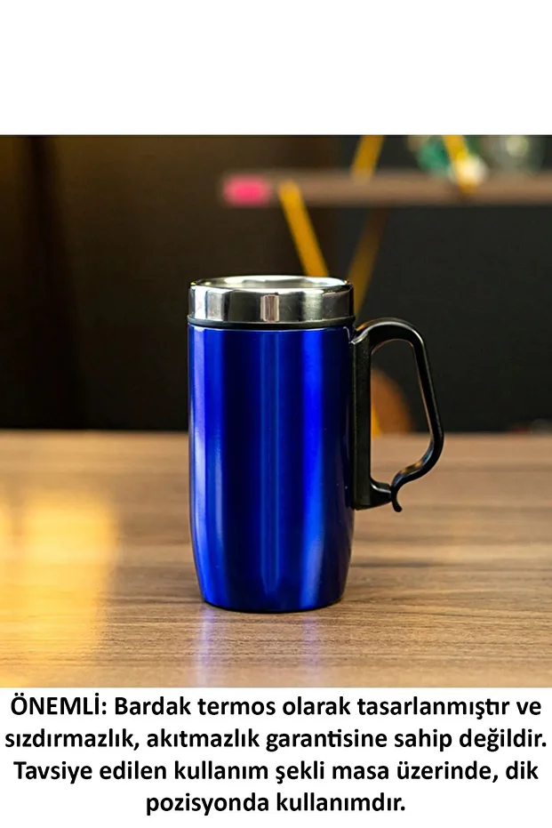 Çift Katman Kauçuk Taban 250ml Mavi Kulplu Paslanmaz Çelik Küçük Termos Bardak Kupa Mug Çay Kahve - 2